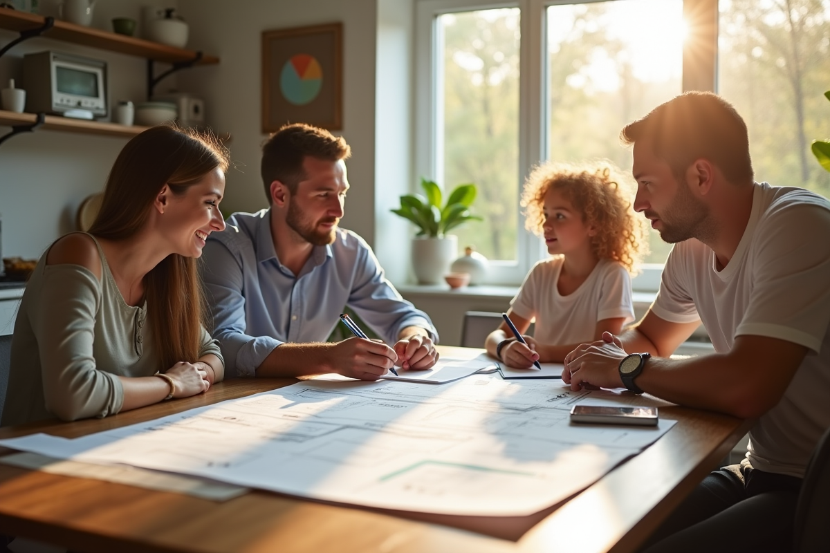 Famille discutant financement piscine à la maison