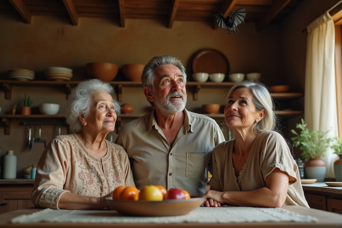Famille de trois générations réagissant à la présence d'une chauve-souris dans leur maison, illustrant les différentes perceptions culturelles et familiales de cet animal