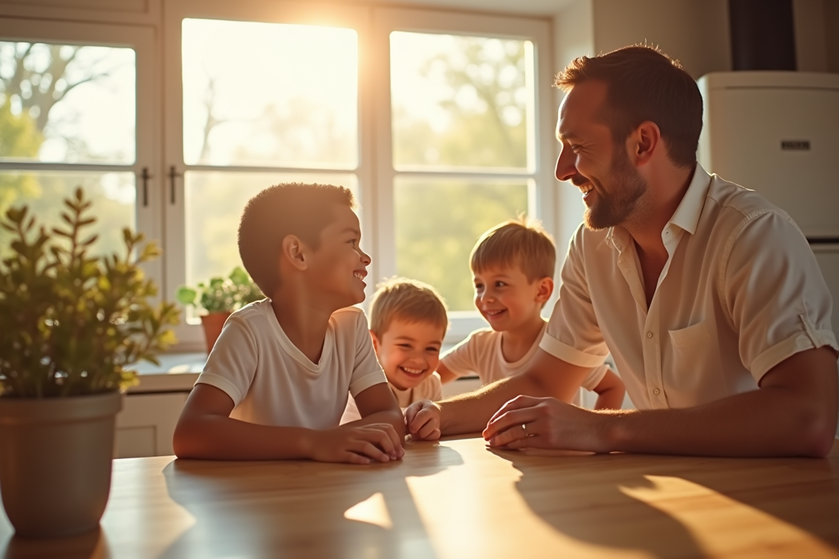 Famille heureuse dans la cuisine avec chauffe-eau thermodynamique