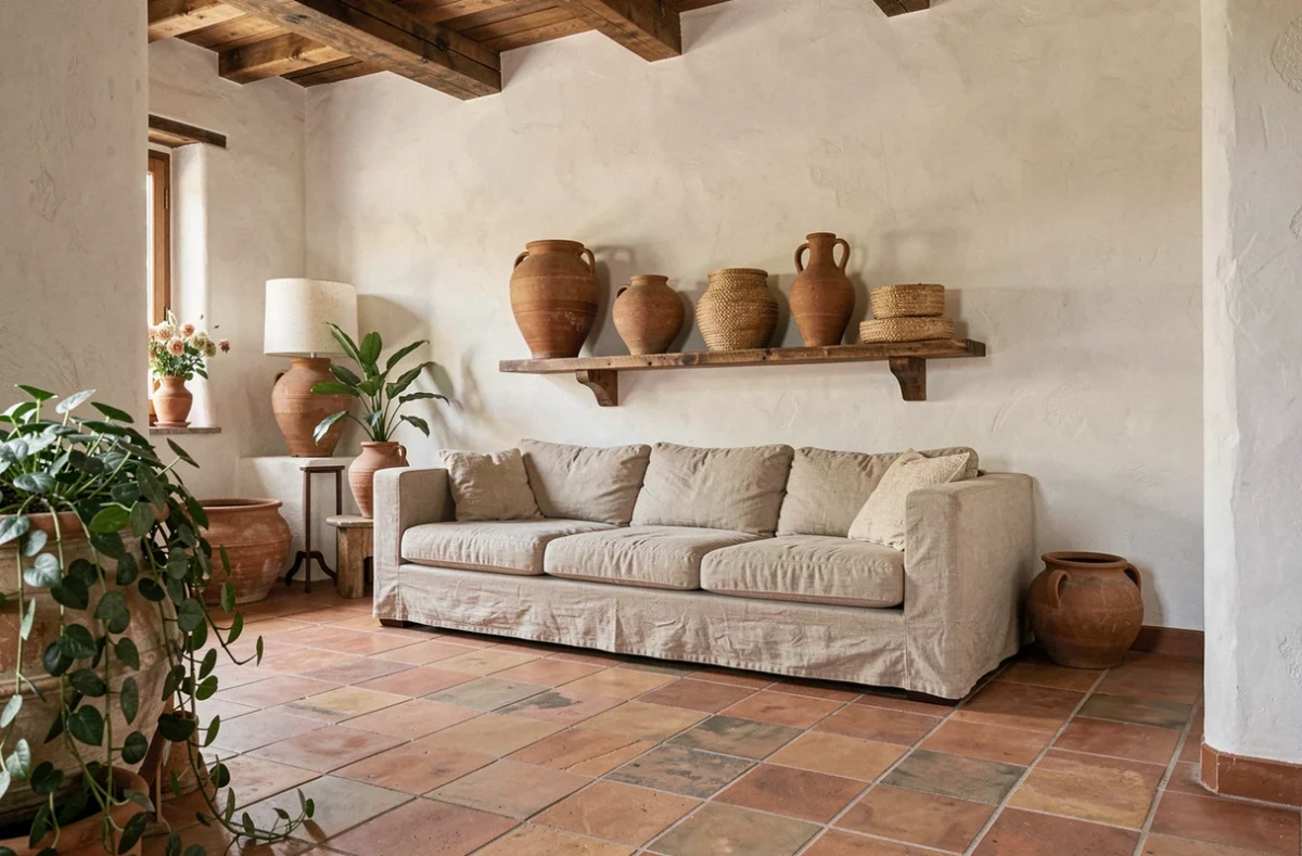 Salon méditerranéen chaleureux aménagé par Francisco Lopez de Feel-Intérieur avec carrelage terracotta et mobilier en rotin