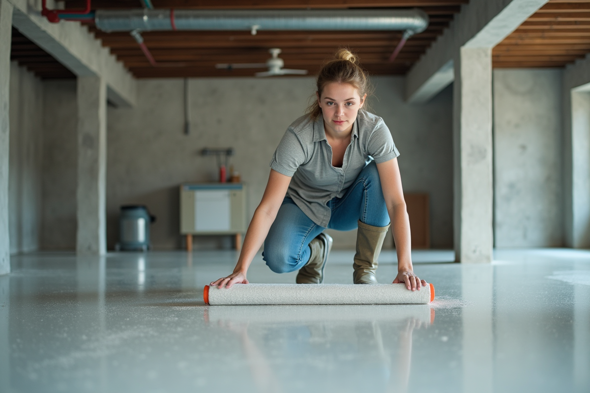 Femme appliquant une couche d epoxy sur le sol du sous-sol