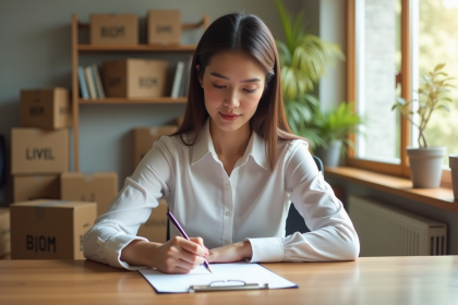 Femme écrivant une lettre dans un bureau à domicile moderne