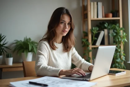 Femme assise &agrave; son bureau &agrave; la maison utilisant un ordinateur portable