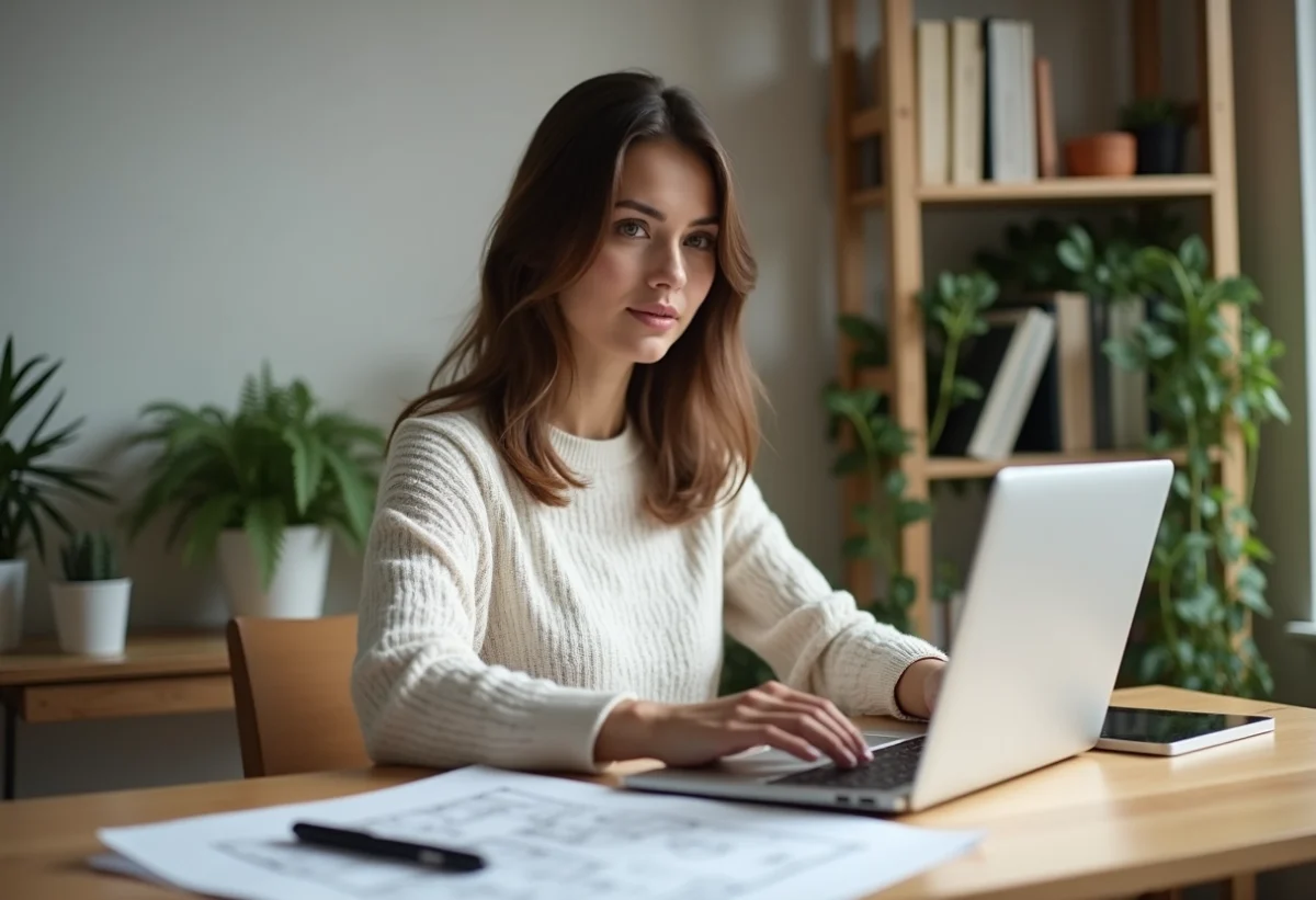 Femme assise à son bureau à la maison utilisant un ordinateur portable