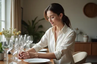 Femme élégante arrangeant des verres à vin en cristal dans une salle à manger moderne