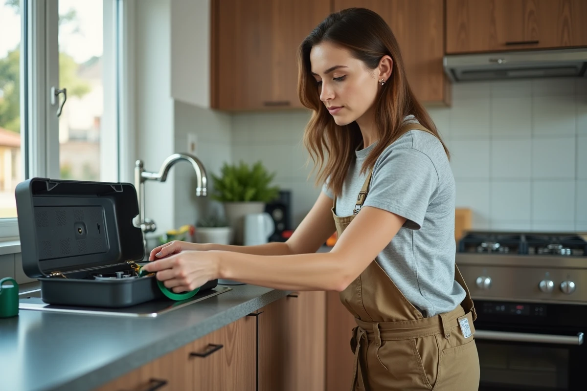 Jeune femme connecte une bride de mise à la terre dans une cuisine moderne