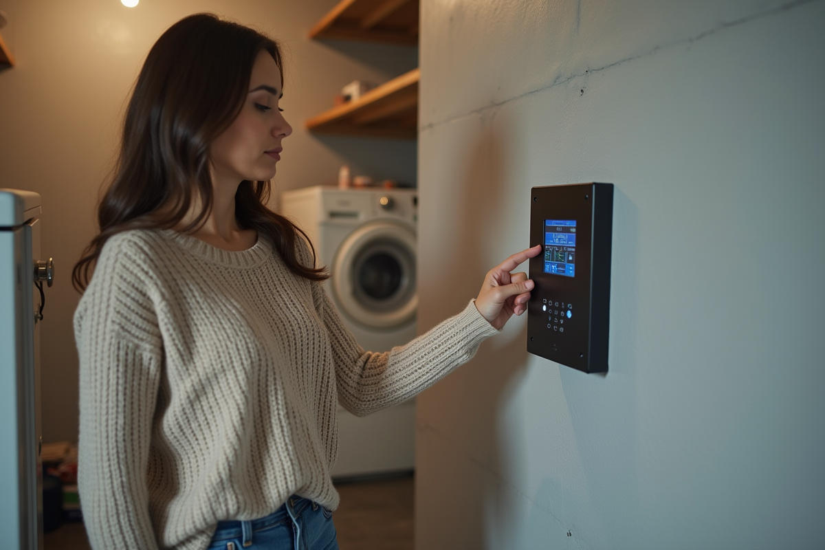 Femme vérifiant un panneau de contrôle VMC dans un sous-sol rénové