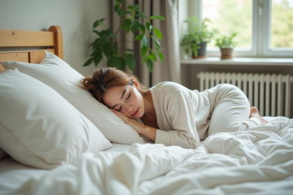 Jeune femme en pyjama détendu sur le lit calme