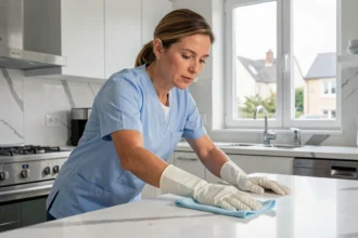 Femme de ménage professionnelle en uniforme bleu essuyant un plan de travail de cuisine moderne à Évry
