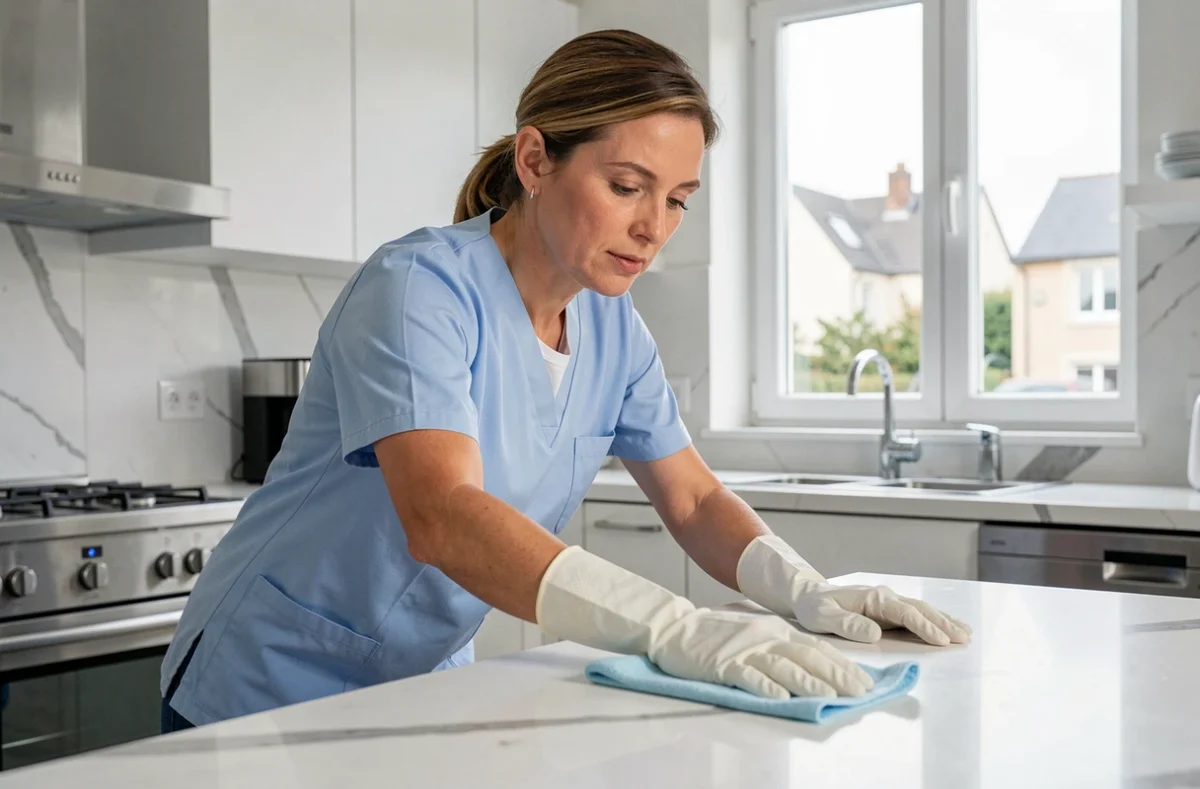 Femme de ménage professionnelle en uniforme bleu essuyant un plan de travail de cuisine moderne à Évry
