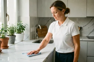 Femme de ménage professionnelle nettoyant un plan de travail de cuisine moderne à Nîmes
