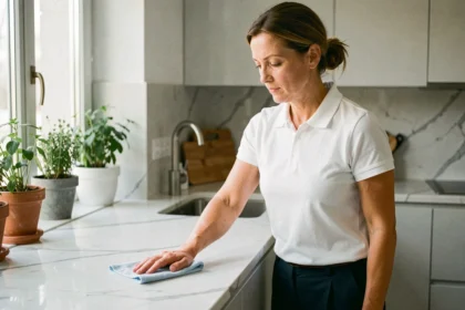 Femme de ménage professionnelle nettoyant un plan de travail de cuisine moderne à Nîmes