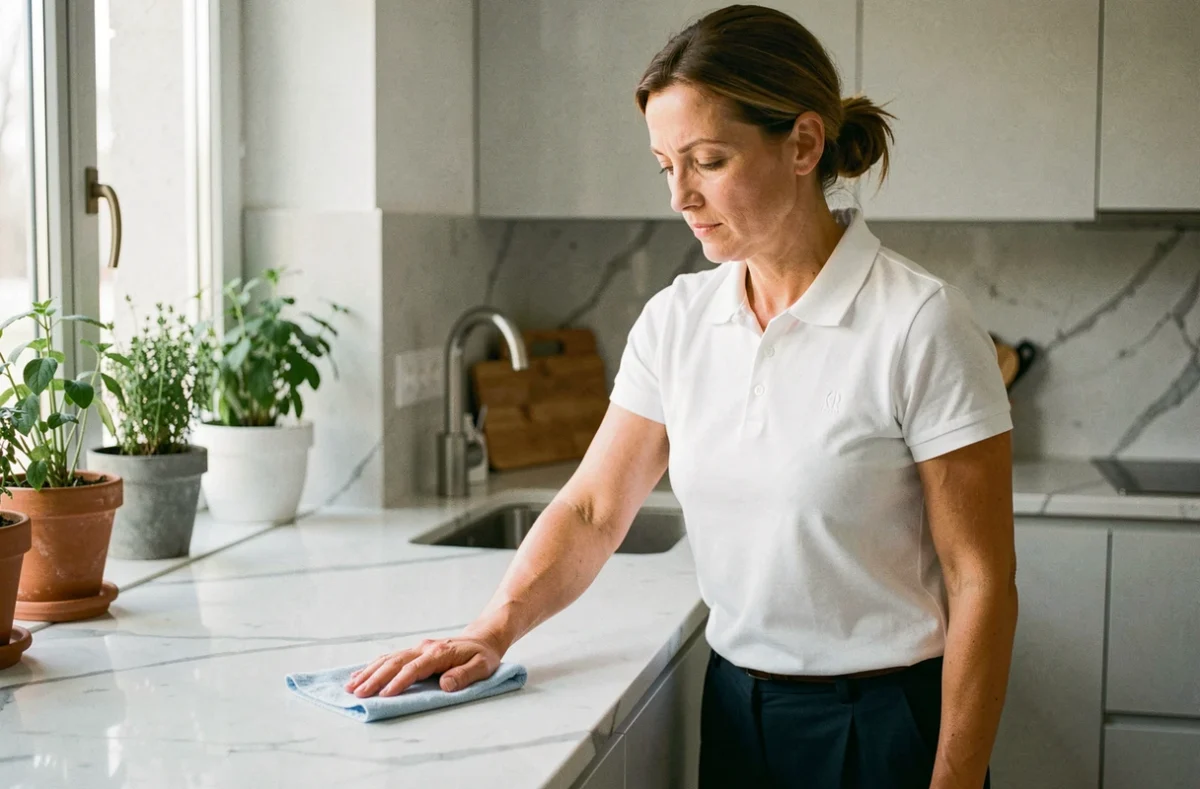 Femme de ménage professionnelle nettoyant un plan de travail de cuisine moderne à Nîmes