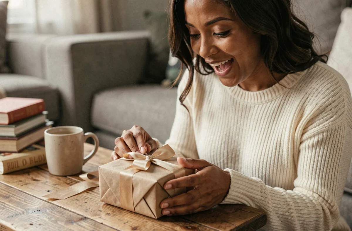 Femme ouvrant une boîte à bijoux personnalisée emballée en cadeau dans un salon cosy, expression de surprise et joie authentique