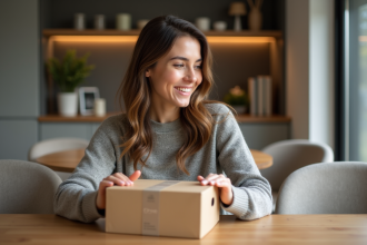Jeune femme déballant une box dans une cuisine chaleureuse