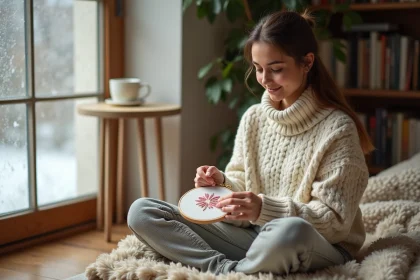 Femme débutante en broderie assise près d'une fenêtre hivernale avec un kit de broderie floral et une tasse de thé