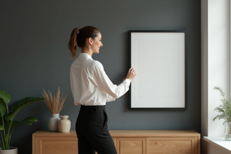 Femme ajustant un grand cadre moderne dans un salon élégant