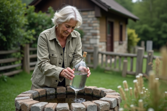 Femme examine une bouteille d'eau de source dans un jardin rural