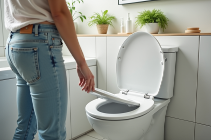 Femme examinant un r&eacute;servoir de toilette &eacute;cologique dans une salle de bain moderne