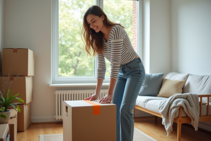 Jeune femme emballant une boxe dans un appartement moderne