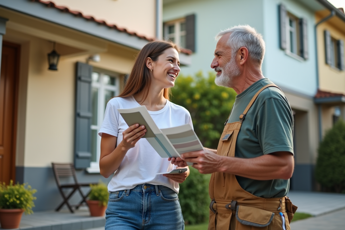 Jeune femme souriante examinant des échantillons de peinture avec un entrepreneur