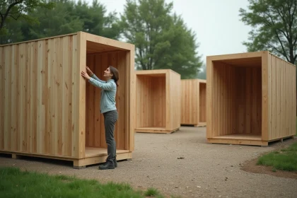 Femme guidant un mur modulaire en environnement &eacute;cologique