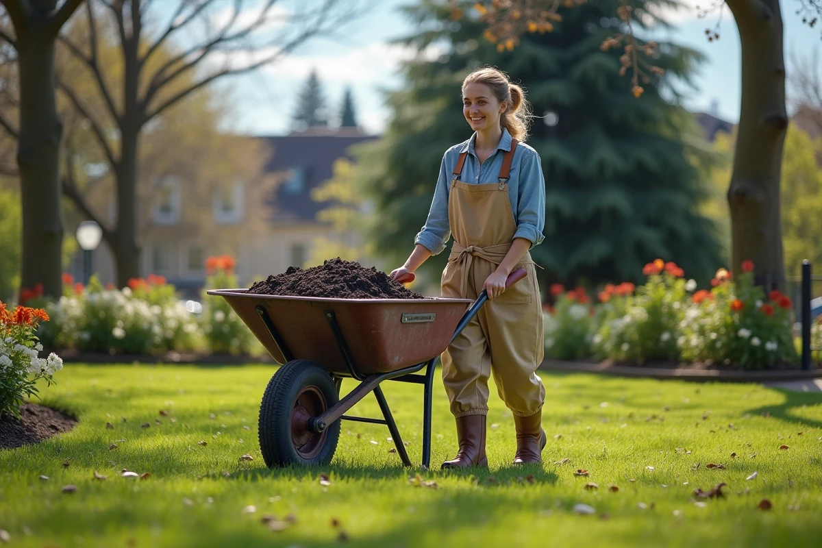 Jeune femme poussant une brouette de compost dans un parc verdoyant