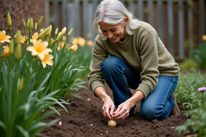 Femme plantant un bulbe de lys dans un jardin verdoyant