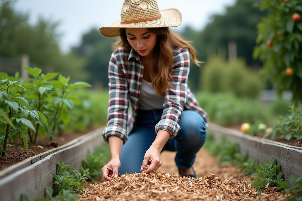 Femme en jardinage avec paillage de tomates