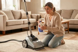 Femme tenant une bouteille de lessive devant une shampouineuse à moquette dans un salon, illustrant la question de l'utilisation de lessive dans une shampouineuse