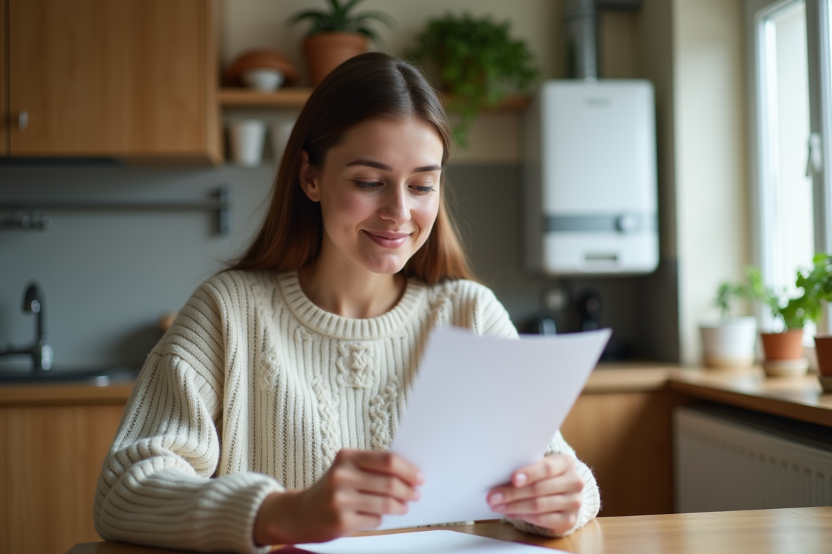 Femme jeune lit une lettre de confirmation dans la cuisine