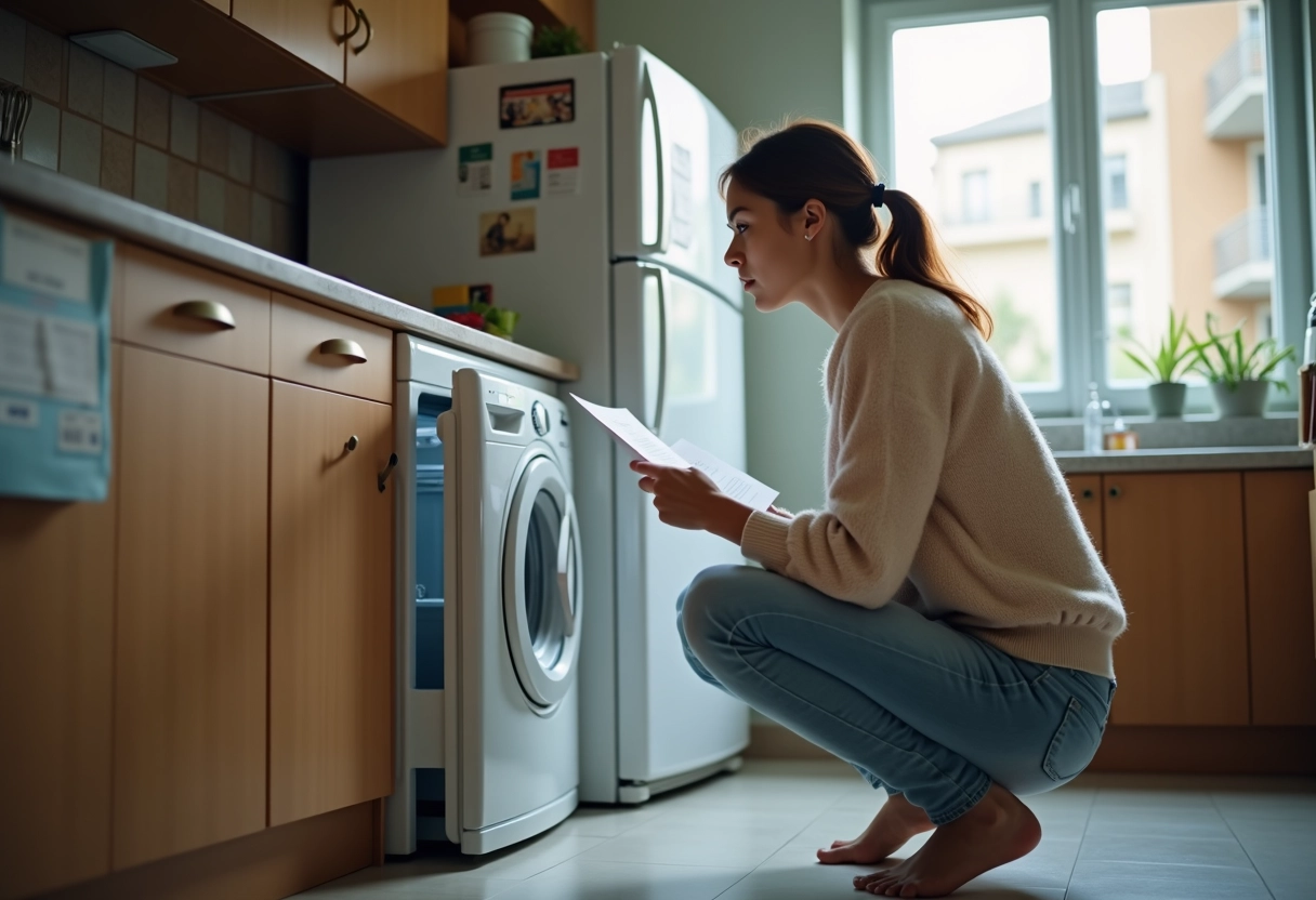 Jeune femme lisant le manuel d un frigo dans sa cuisine