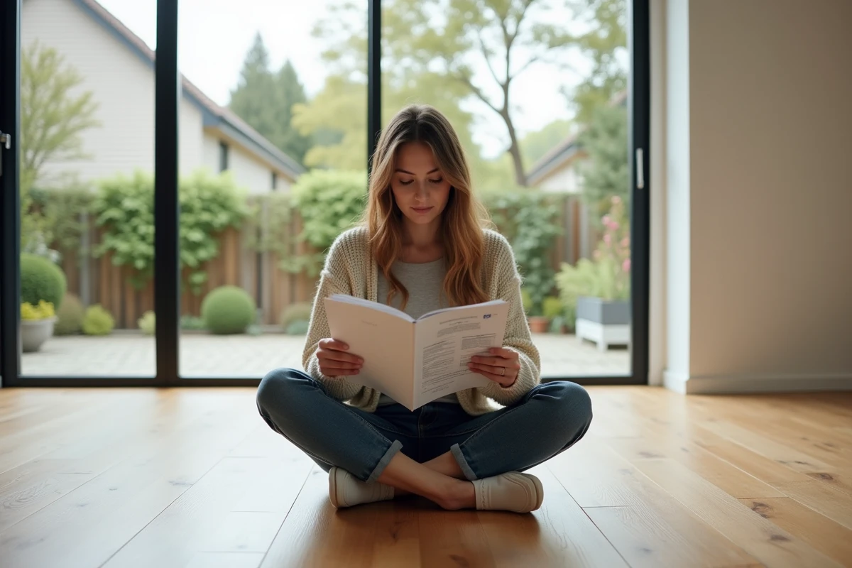 Jeune femme lit brochure RIBO T dans un salon moderne neuf
