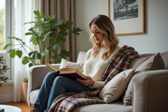 Femme lisant dans un salon scandinave cosy avec plaid