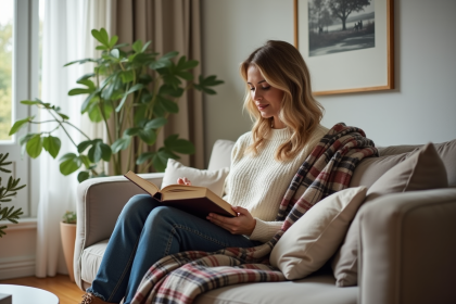 Femme lisant dans un salon scandinave cosy avec plaid