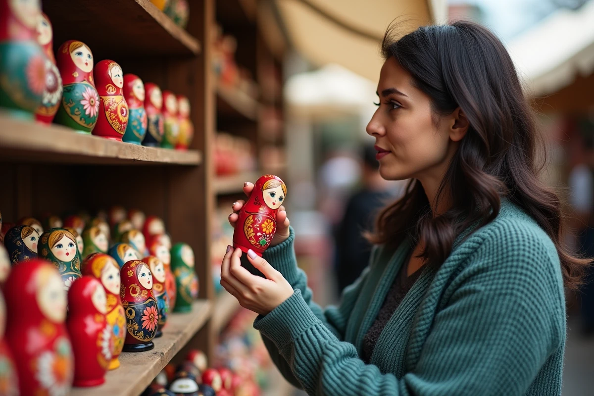 Femme aux cheveux bruns examinant une poupée Matriochka peinte dans un marché artisanal russe en plein air, entourée de nombreuses poupées colorées sur des étals en bois