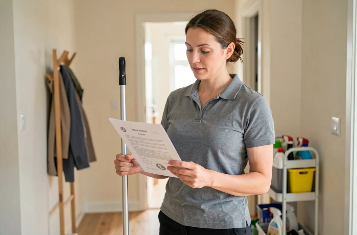 Femme de ménage lisant son contrat de travail dans un appartement moderne