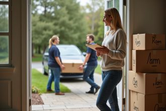 Femme souriante avec un clipboard lors d'un déménagement
