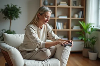 Femme nettoyant un fauteuil design en intérieur minimaliste