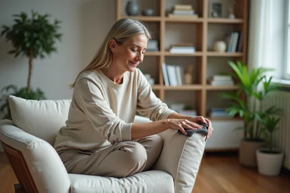 Femme nettoyant un fauteuil design en intérieur minimaliste
