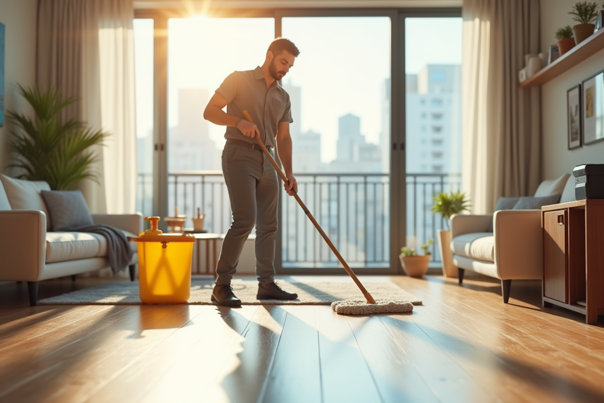 Professionnelle en uniforme nettoyant un sol en bois lumineux