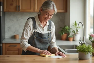 Femme en overalls nettoyant une table en bois dans une cuisine lumineuse