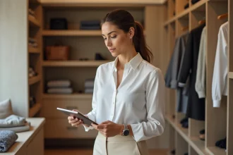 Femme élégante dans un dressing organisé et moderne