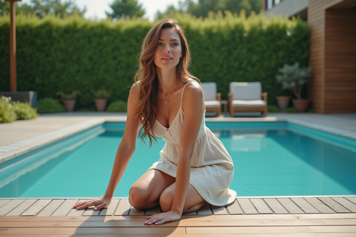 Femme en robe d'été près de la piscine dans un jardin moderne