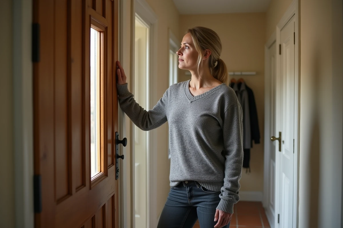 Femme découvrant un espace anormal entre une porte d'entrée et son cadre dans un couloir d'entrée de maison