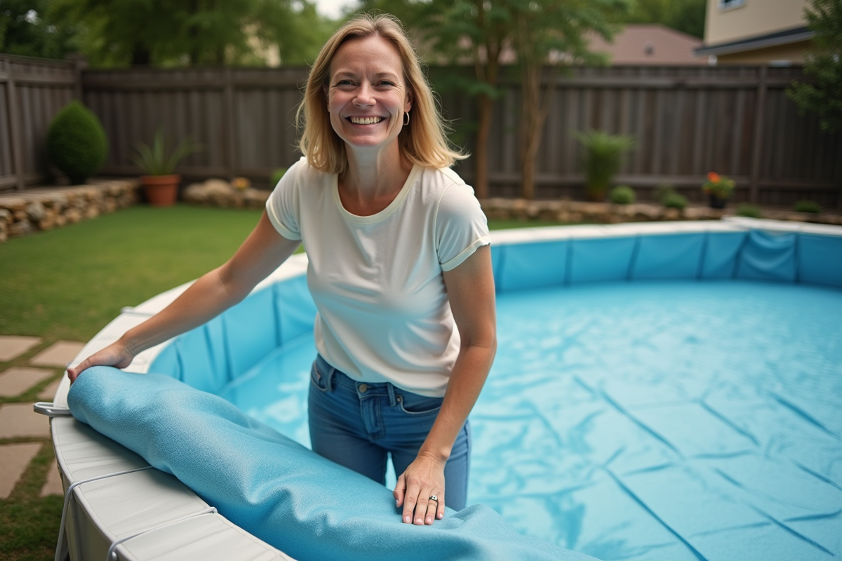 Femme ajustant une couverture solaire sur la piscine dans le jardin