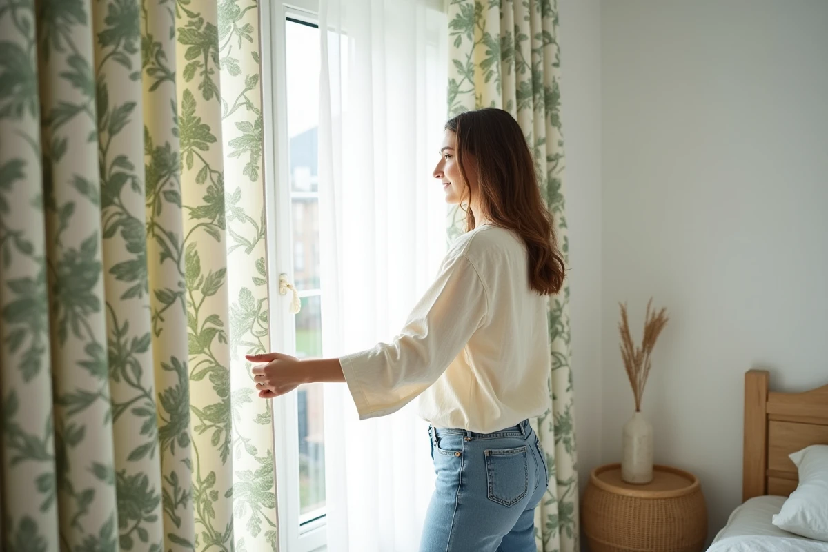 Femme accrochant un rideau occultant à motif botanique dans une chambre cosy et épurée