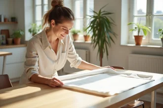 Femme élégante protégeant une table dans un loft lumineux