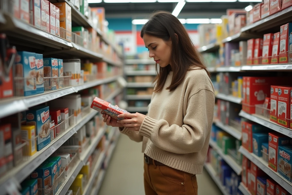 Femme examine des produits de colle en magasin