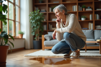 Femme en jeans et pull contemplant une flaque d'eau sur parquet